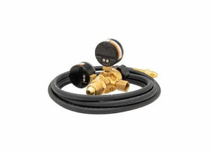 The Harris 3000322 - 601-60Ar-58010 Flowgauge Regulator Shielding Gas Kit features a brass regulator with dual black gauges and a coiled hose, offering multiple connection points for easy MIG Welder setup. Shown on a white background.