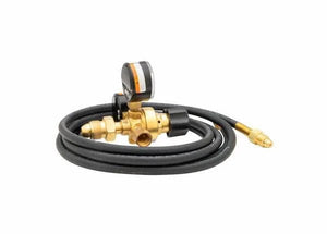 The Harris 3000322 - 601-60Ar-58010 Flowgauge Regulator Shielding Gas Kit includes a coiled black hose with brass fittings, a regulator with a black/orange pressure gauge, and valve—displayed on a plain white background. Perfect for MIG welding setups.