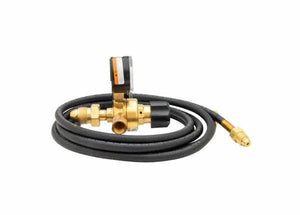 The Harris 3000322 - 601-60Ar-58010 Flowgauge Regulator Shielding Gas Kit includes a coiled black hose with brass fittings, flowgauge regulator, and control knob for precise gas flow in MIG welders or propane torches. Shown on a plain white background.