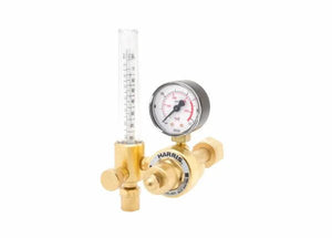 Harris 601-CD-320 Compensated Flowmeter Regulator for welding, with brass body, pressure gauge, and vertical numeric flow meter.