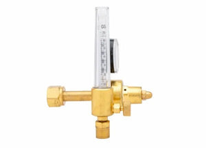 Harris 3100578 flowmeter regulator for welding, brass body, transparent CO2 flow tube, and visible pressure gauge instrument.