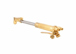 Harris 1003430 62-5E 18" hand cutting torch for welding, with 90° head, trigger, knobs, and long nozzle, on white background.