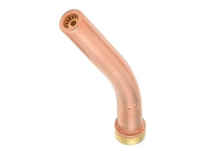 The Harris Model 6290-0GG Specialty Gouging Tip (1500939) has a curved, angled copper shaft and a brass threaded base. Its small circular opening and side holes ensure efficient gas flow for welding or alternate fuel cutting torches.
