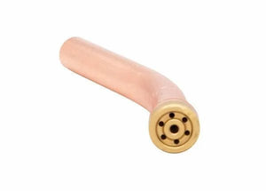 The Harris Model 6290-0GG Specialty Gouging Tip (1500939) is a copper-colored, L-shaped metal tube with a brass end featuring evenly spaced small holes around a central hole, shown isolated on a white background.