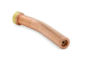 The Harris Model 6290-1GGM Specialty Gouging Tip - 1500944 is a copper welding nozzle with a gentle bend, brass cap, and multiple small holes at the tip, designed for heavy duty gouging and use with Harris cutting torches.