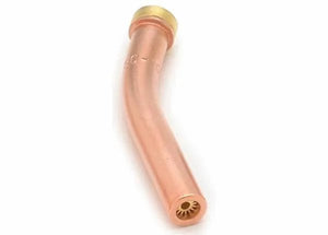 The Harris Model 6290-1GGM Specialty Gouging Tip (1500944) features a curved copper body, a brass tip with a circular star-shaped opening, and a smooth, slightly reflective surface for MIG welding torches, similar to Harris cutting torch tips.