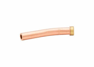 The Harris Model 6290-1GGM Specialty Gouging Tip (1500944) is a smooth, slightly bent copper nozzle with a brass tip cap on one end, designed for use with Harris cutting torches and heavy-duty gouging applications. Displayed on a plain white background.