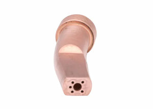A close-up view of a copper acetylene cutting torch tip, shown against a white background. The tip features multiple small holes in a circular pattern at its end, similar to a Harris gouging tip.
