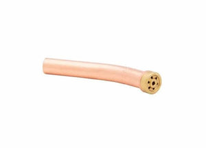 The Harris Model 6290-2GGM Specialty Gouging Tip (1500954) is a short, slightly curved heavy-duty copper tip with a brass fitting and multiple small round holes in a circular pattern; shown on a plain white background.