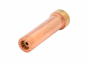 Harris 6290-7NH Machine Cutting Tip 1501140 for welding equipment, copper & brass design with front grooves, on white background.