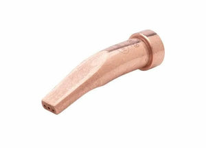 The Harris Model 6290-R Specialty Rivet Cutting Tip - 1501290 is a copper, heavy-duty tip for Harris cutting torches, with a curved, tapered design and three small holes at the flat end, shown against a plain white background.