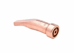 The Harris Model 6290-R Specialty Rivet Cutting Tip - 1501290, designed for Harris cutting torches, has a copper build with a smooth, polished body, curved design, and engraved markings for a professional finish.