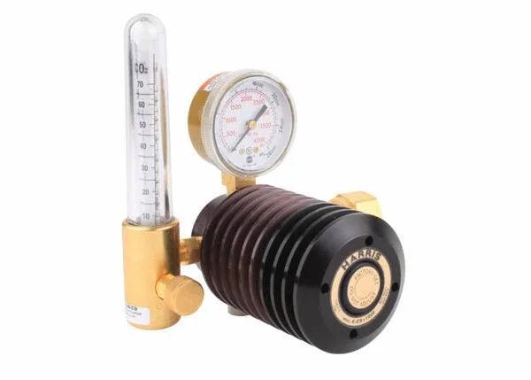 The Harris 3100066 - 6S-CD-80F-320 Single Stage Flowmeter Regulator features a brass body, pressure gauge, vertical glass flowmeter, and black HARRIS-labeled adjustment knob—ideal for controlling CO2 gas flow.