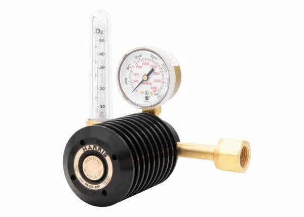 The Harris 3100096 - 6S-CD-80F-320 Single Stage Flowmeter Regulator features a black finned body, brass connector, round PSI/bar gauge, and vertical clear CO2 flowmeter for precise gas flow and pressure control.