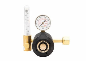 The Harris 3100096 - 6S-CD-80F-320 Single Stage Flowmeter Regulator features a brass and black body, pressure gauge, left-side transparent flow meter marked in liters, and a large brass cylinder fitting—shown against a white background.