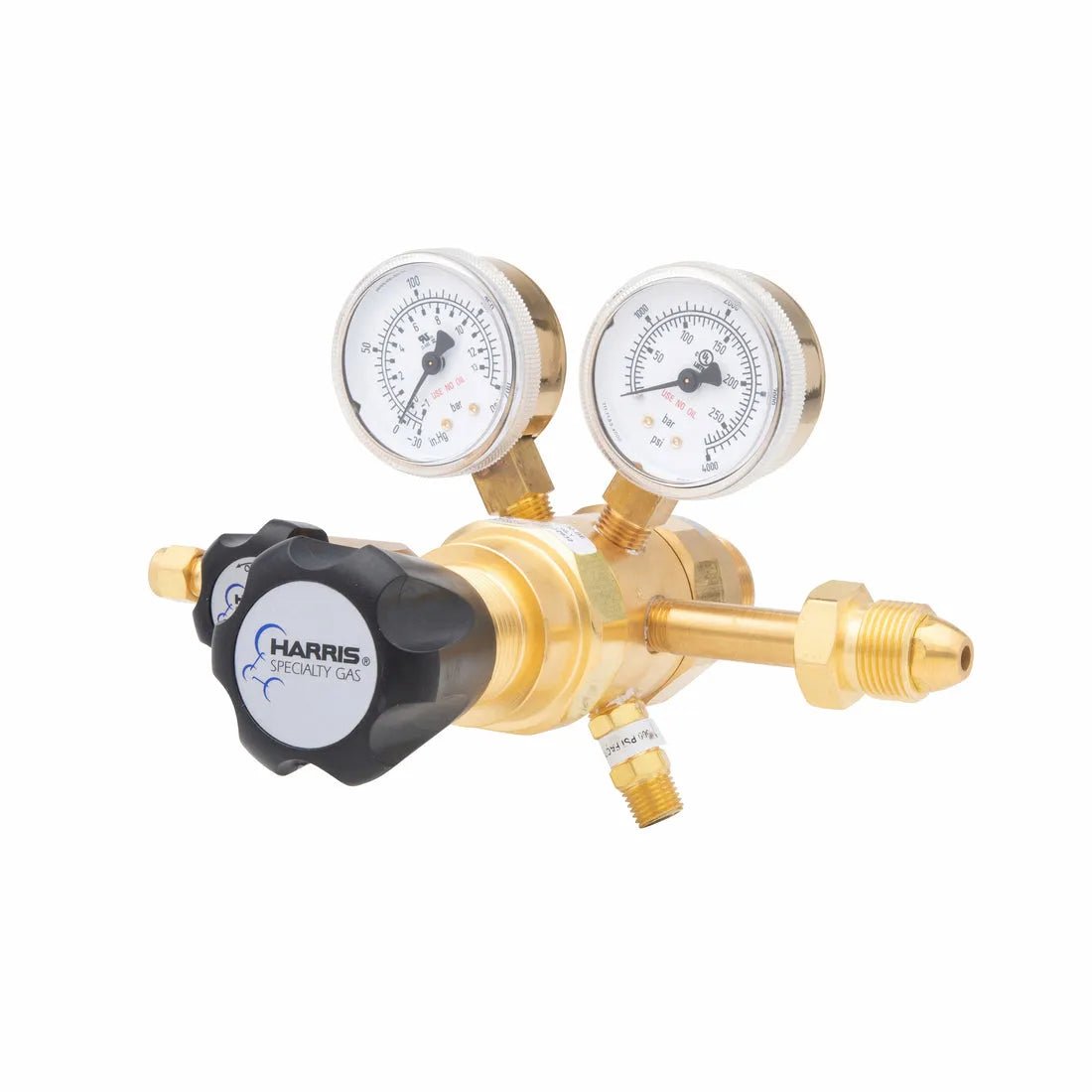 The Harris Two Stage Ultra High Purity Brass Barstock Regulator Model 722-125-580-BE features two pressure gauges, a black control knob labeled Harris Specialty Gas, and multiple connecting valves, all shown against a white background.