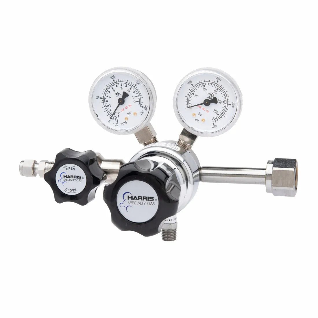 The Harris 701-125-320-BE Carbon Dioxide Regulator features single-stage regulation, two pressure gauges (psi/kPa), black control knobs, a metal cylinder fitting, and a stainless steel diaphragm for precise gas control.