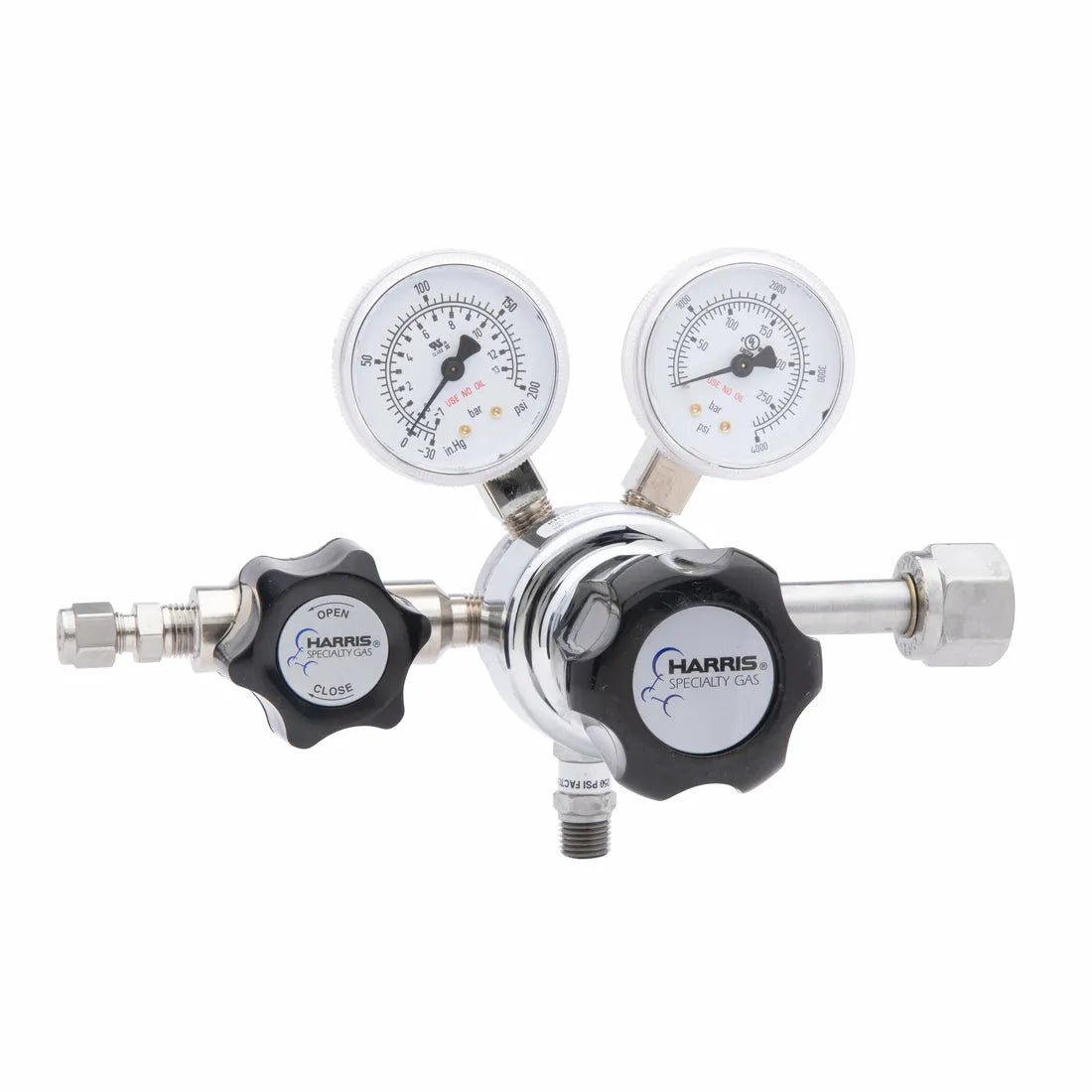 The Harris 701-125-540-BE Oxygen Regulator features dual pressure gauges, open/close control knobs, and metal fittings, ideal for specialty gas systems and lab use.
