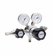 The Harris 701-125-580-BE Argon/Helium/Neon/Nitrogen regulator is a single-stage cylinder regulator with two pressure gauges, black control knobs, stainless steel diaphragm, and metallic fittings, shown isolated on a white background.