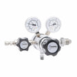 The Harris 702-015-580-BE Regulator for Argon, Helium, Neon, and Nitrogen features dual pressure gauges, a central Open/Close control knob, and multiple metal gas fittings. This high purity regulator ensures precise pressure control.