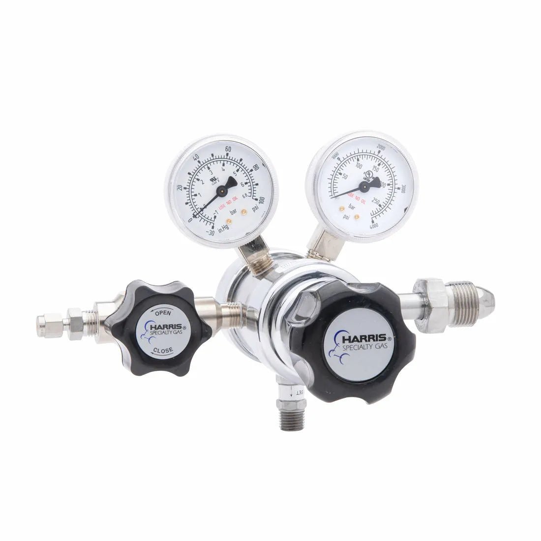 The Harris 702-050-580-BF Regulator, for Argon/Helium/Neon/Nitrogen, features dual pressure gauges, open/close control knobs, and fittings for precise gas flow control from pressurized cylinders in laboratory settings.
