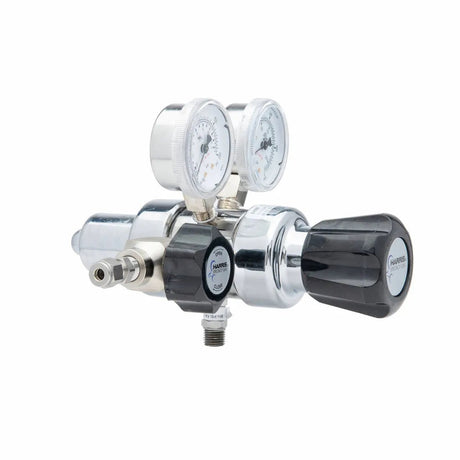 The Harris 702-125-350-BE Chlorine/Carbon Monoxide/Propane/Hydrogen Regulator features a stainless steel diaphragm, dual pressure gauges, black adjustment knob, and various connections—ideal as a high purity or two stage cylinder regulator. Photographed on white.