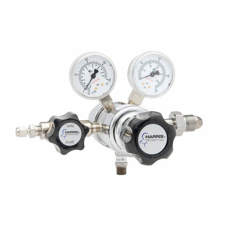 The Harris - 702-125-500-BF Acetylene Regulator features a stainless steel diaphragm, dual gauges for inlet and outlet pressures, black adjustment knobs, and metal fittings, all isolated on a white background.