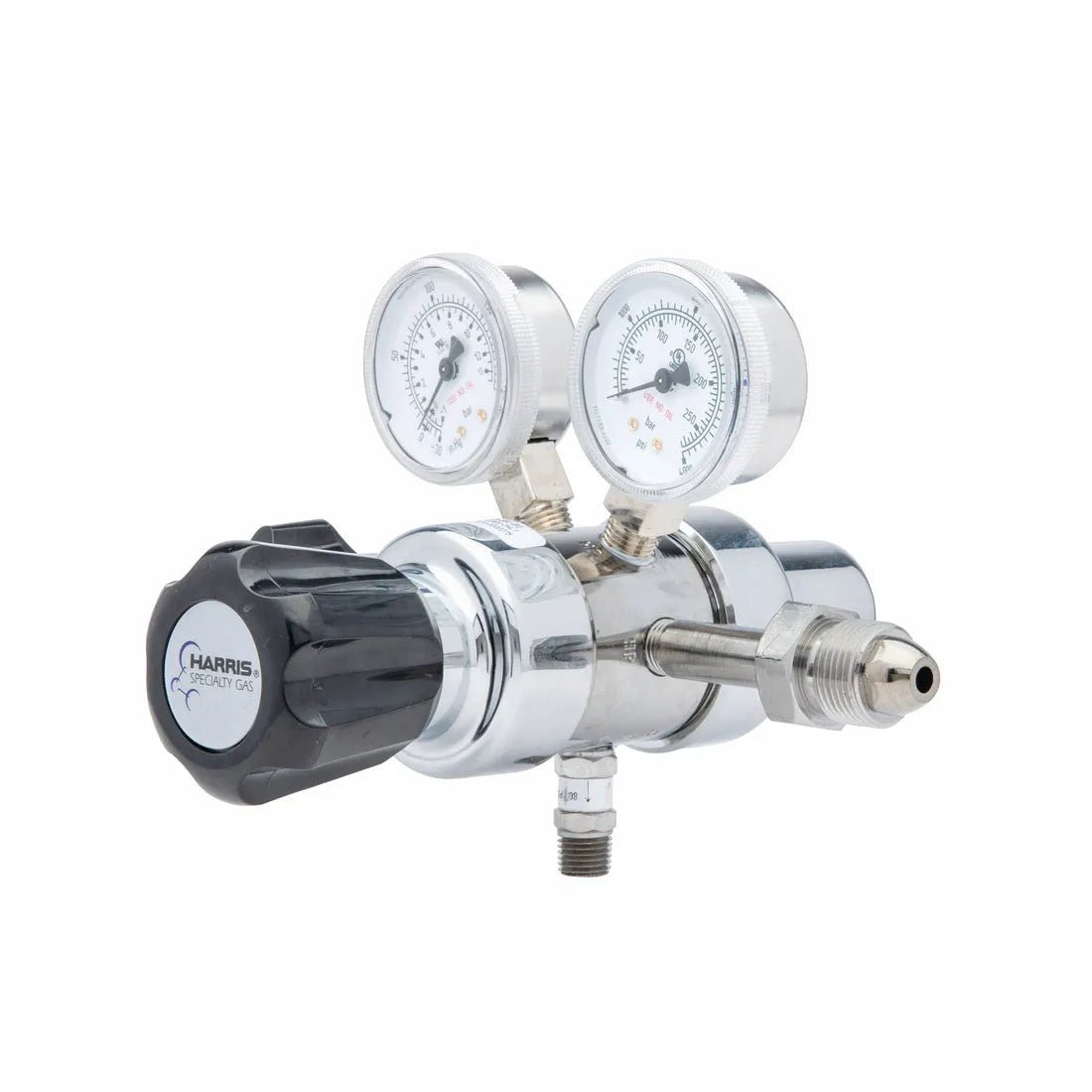 The Harris 702-125-580-BE Regulator fits Argon/Helium/Neon/Nitrogen cylinders and features dual pressure gauges, a large black Harris knob, a threaded nozzle, and a stainless steel diaphragm for reliable performance.