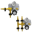 Harris gas pressure regulators for welding: stainless steel diaphragm, single outlet, HP723C-015 with dual outlets and six valves.
