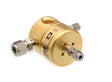 Harris Model 752 brass high-pressure regulator valve with fittings, engraved labels, ideal for welding gas control, on white background.