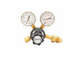 Harris 3100508 single stage flowgauge regulator for welding, with dual gauges, black knob, and multiple ports on white background.