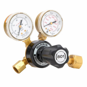 Harris 3100554 - 801-CD60-320 welding flowgauge regulator with dual psi/kPa gauges, "801" knob, and brass gas fittings.