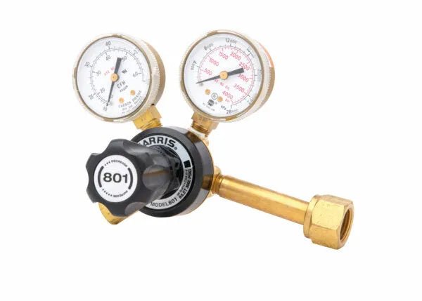 Harris 801-CD60-320 Single Stage Welding Flowgauge Regulator with dual gauges, black knob, gas cylinder connector by WeldingMart.
