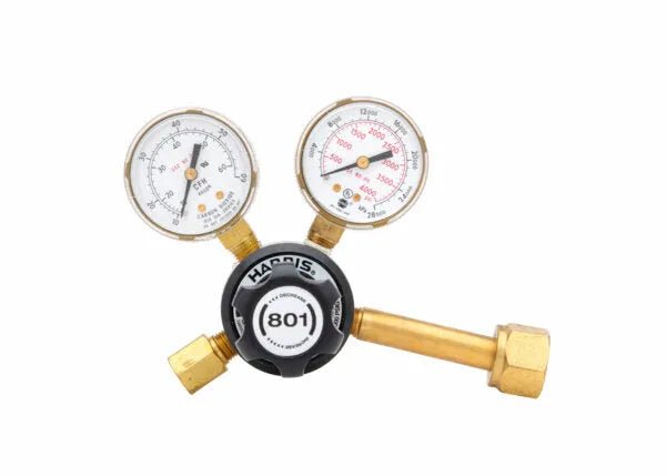 Harris 3100554 Welding Single Stage Regulator with dual gauges, brass fittings, precise gas flow control, white background.