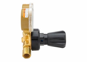 Harris 801-CD60-320 Brass Welding Flowgauge Regulator with black knob and round gauge, side view on white for gas control.