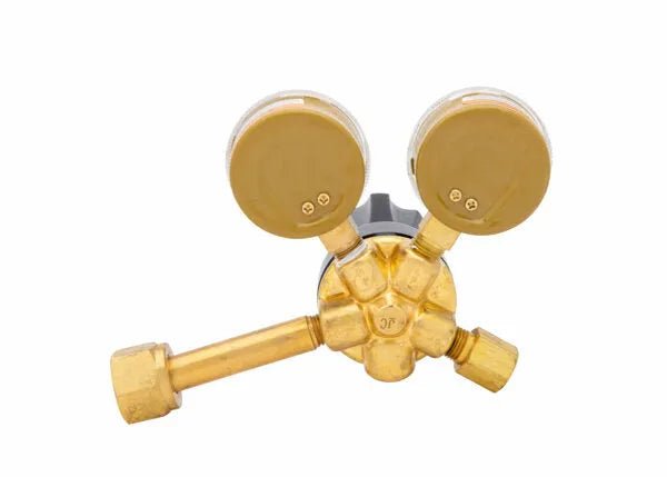 Harris 3100554 801-CD60-320 Welding Regulator with dual gauges and two valves for precise gas flow; front view on white.