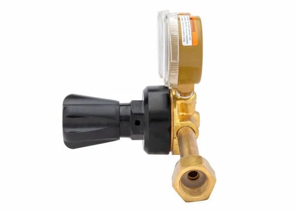 Harris 3100554 welding regulator with brass body, flowgauge, pressure gauge, and hose fitting for gas control, on white background.