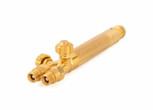 A Harris Model 85 torch handle with two control valves and threaded connectors, placed on a white background.