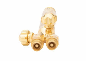 Close-up of a brass gas valve from a combination torch handle, with two connection points and three adjustment knobs, isolated on a white background.