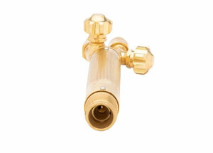 A brass gas regulator valve with two control knobs, shown from the front against a white background—perfect for use with a combination torch handle or welding torch handle.
