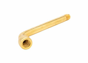 A brass plumbing pipe with a 90-degree bend and threaded ends, similar to a Harris Model 8593 tip tube, is placed on a white background.