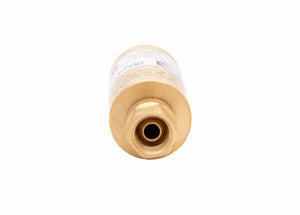 A close-up view of a cylindrical brass filter drier and flashback arrestor for HVAC systems, shown from the end with the threaded opening facing forward, against a white background.