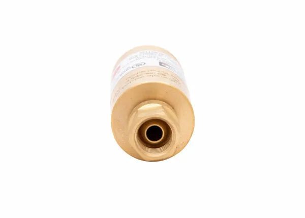 A close-up view of a brass cylindrical flashback arrestor component, shown on a white background, with the threaded opening facing the camera.