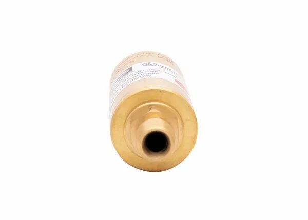 A brass cylinder-shaped filter dryer with a label wrapped around its body, viewed from the end showing the round opening, resembles a regulator-type flashback arrestor, isolated on a white background.