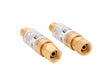 Two brass regulator-type flashguard flashback arrestors for oxygen and fuel gas, with threaded ends and white labels, placed side by side on a white background.