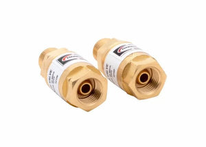 Two Harris 4302205 88-5 FBTA torch-type flashback arrestors (R&L) with threaded connectors are shown side by side on a white background, each featuring labels and logos—ideal for use with HVAC torches.