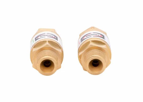 Two Harris 4302205 88-5 FBTA Torch-Type FlashGuard flashback arrestors (R&L) with threaded openings and labeled brass bodies are shown side by side on a white background.