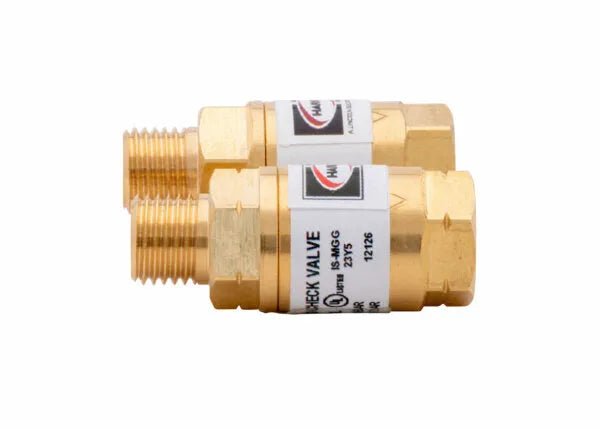 Two Harris 4302205 88-5 FBTA torch-type flashback arrestors (R&L) with threaded ends are side by side on a white background, each featuring a white label with black text and logo, ideal for HVAC torches.