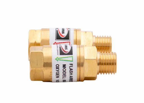 Two Harris 4302205 88-5 FBTA Torch-Type Flashback Arrestors (R&L) with threaded ends are shown side by side, each featuring a white label marked FLASH ARRESTOR and OXYGEN, directional arrows, and model info for HVAC torches.