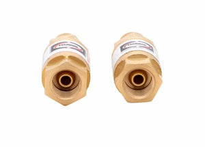 Two Harris 4302205 88-5 FBTA Torch-Type Flashback Arrestors (R&L) are side by side on a white background, displaying their threaded openings and labeled hexagonal brass bodies. Designed for HVAC torch-type FlashGuard use.